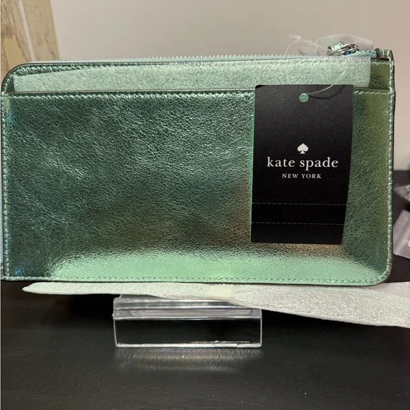NWT Kate Spade LUCY METALLIC MEDIUM L-ZIP WRISTLET SEAWATER - Picture 7 of 13